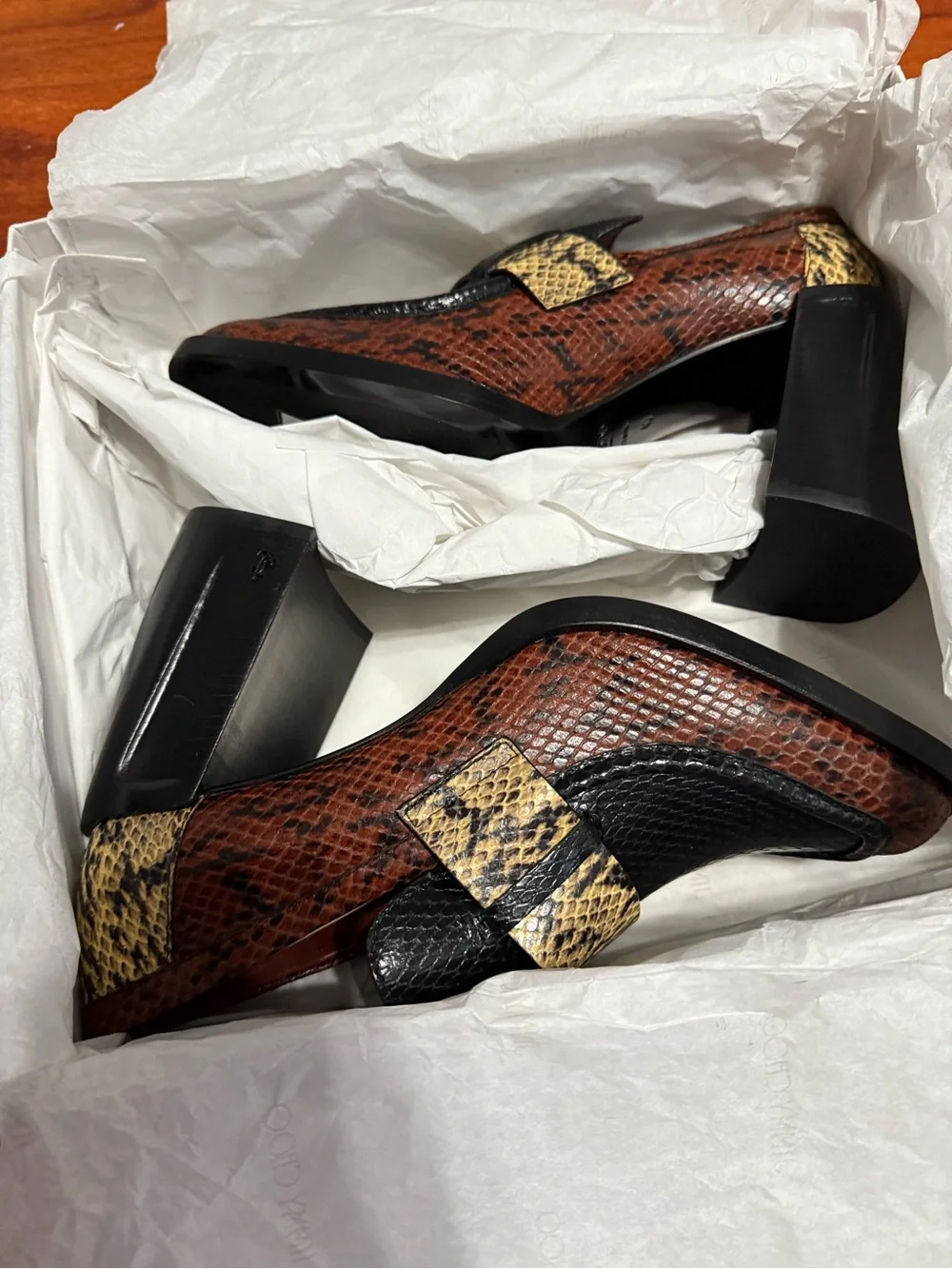 Jimmy Choo Black, Brown & Yellow Snake-Print Block Heel Loafers